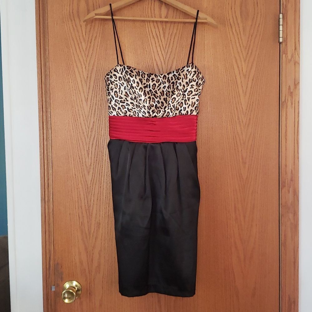 Roberta Black Spaghetti Strap Formal Dress Animal Print Top / Pink Sash Sz 13/14